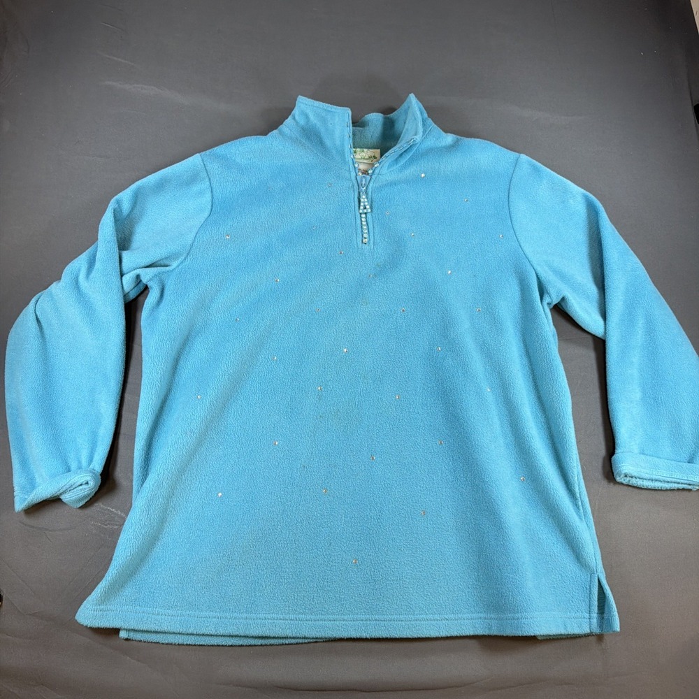Quacker Factory Jacket Women's Medium Blue Fleece Rhinestones Full Zip Artsy